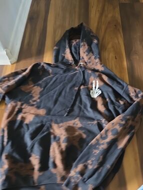 Black & Brown Tie-Dye Hoodie with Skeleton Hand Graphic